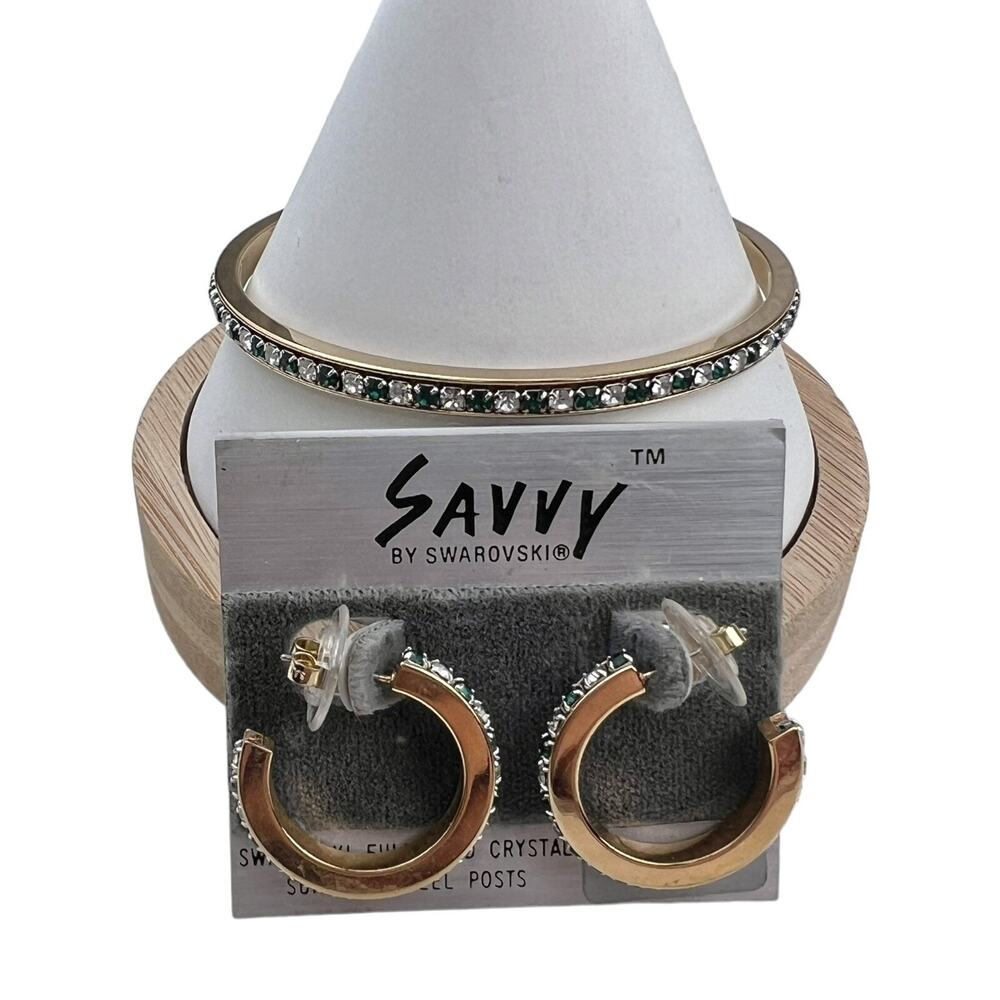 Swarovski Savvy Vintage Gold Tone Hoop Earrings & Bangle Bracelet Set Crystals